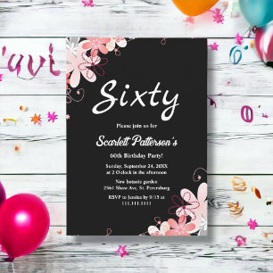 Elegant Rustic Roses Black Floral 60th Birthday Invitation