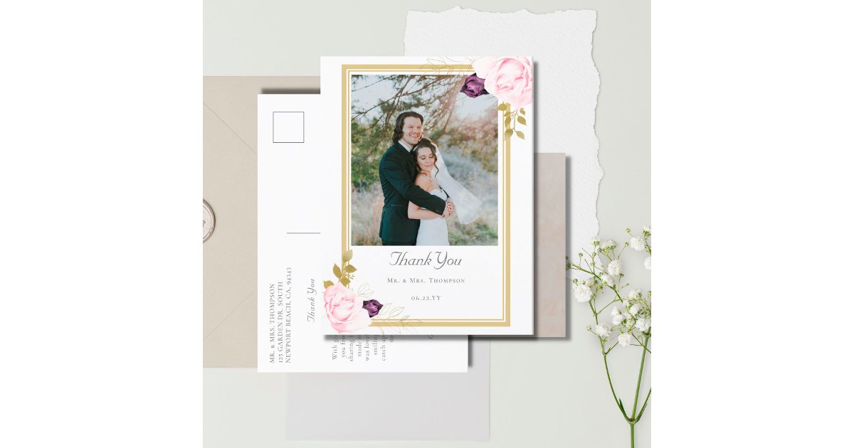 Elegant Rustic Roses Gold Wedding Photo Thank You Postcard | Zazzle