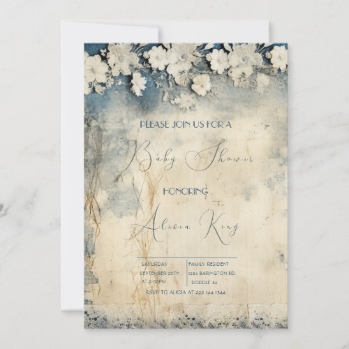 Elegant Rustic Royal Blue Floral Lace Baby Shower Invitation