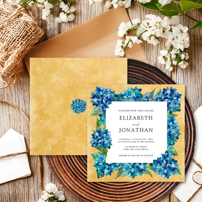 Elegant Rustic Sand Navy Blue Hydrangeas Wedding Invitation (Creator Uploaded)