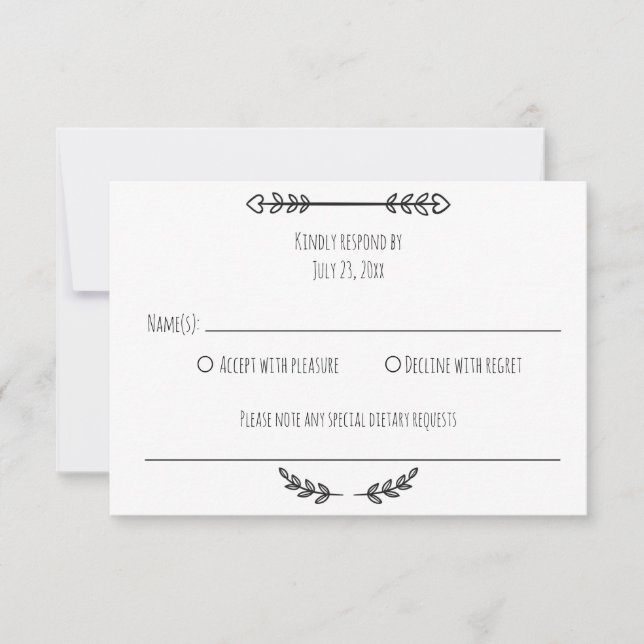 Elegant Rustic Simple Black & White Minimalist RSVP Card (Front)