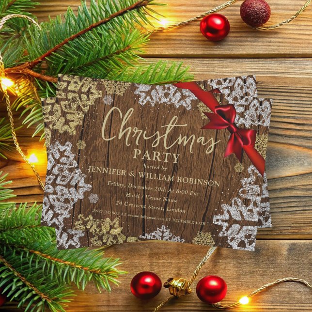 Elegant Rustic Snowflakes Xmas Holiday Party  Invitation (Elegant Rustic Snowflakes Xmas Holiday Party Invitation)