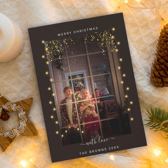 Elegant & Rustic String Lights Frame Custom Photo Holiday Card (Creator Uploaded)