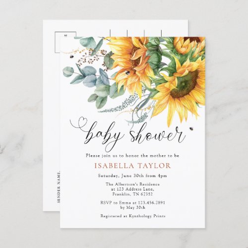 Elegant Rustic Sunflower Baby Shower Invitation Postcard