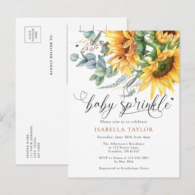 Elegant Rustic Sunflower Baby Shower Sprinkle Invitation Postcard (Front/Back)