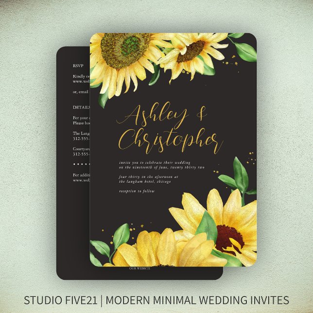 Elegant Rustic Sunflower Black All-in-One Wedding Invitation (Creator Uploaded)
