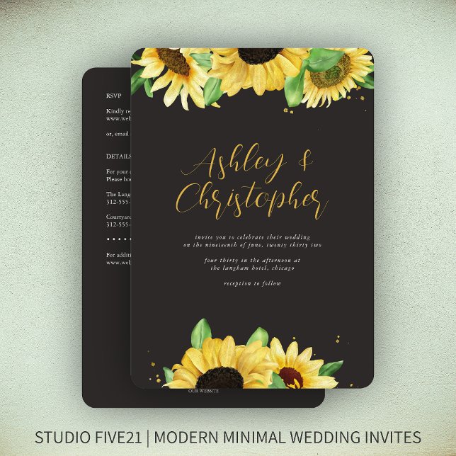 Elegant Rustic Sunflower Black All-in-One Wedding Invitation (Creator Uploaded)