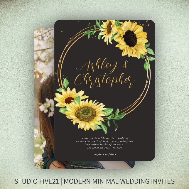 Elegant Rustic Sunflower Black Photo Wedding Invitation (Creator Uploaded)