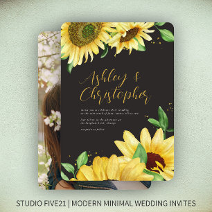 Elegant Rustic Sunflower Black Photo Wedding Invitation