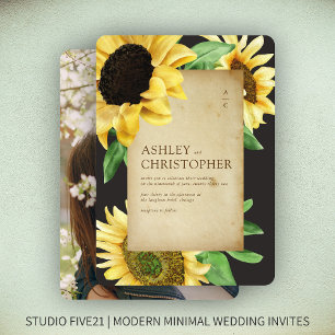Elegant Rustic Sunflower Black Photo Wedding Invitation