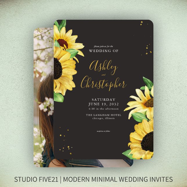 Elegant Rustic Sunflower Black Photo Wedding Invitation (Creator Uploaded)