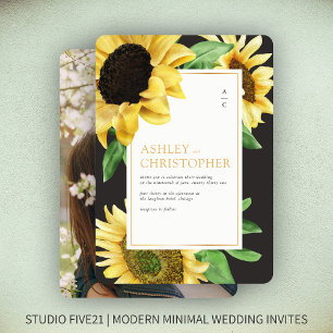 Elegant Rustic Sunflower Black Photo Wedding Invitation