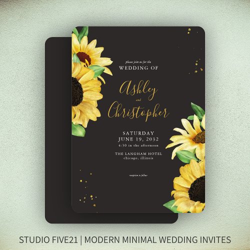Elegant Rustic Sunflower Black Wedding Invitation