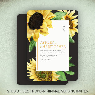 Elegant Rustic Sunflower Black Wedding Invitation