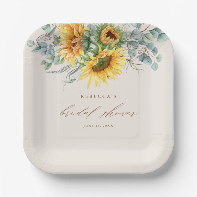 Elegant Rustic Sunflower Bridal Shower Paper Plates (Front)