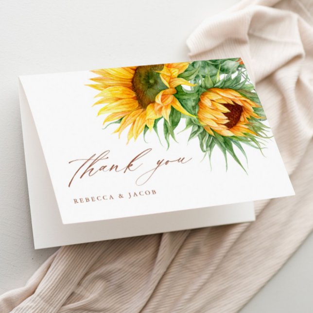 Elegant Rustic Sunflower Bridal Shower Thank You Card (Rustic sunflower script bridal shower thank you cards.)