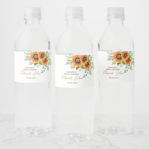 Elegant Rustic Sunflower Bridal Shower Water Water Bottle Label