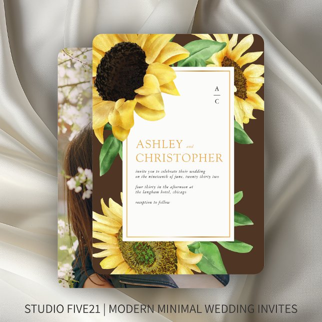 Elegant Rustic Sunflower Brown Photo Wedding Invitation (Creator Uploaded)