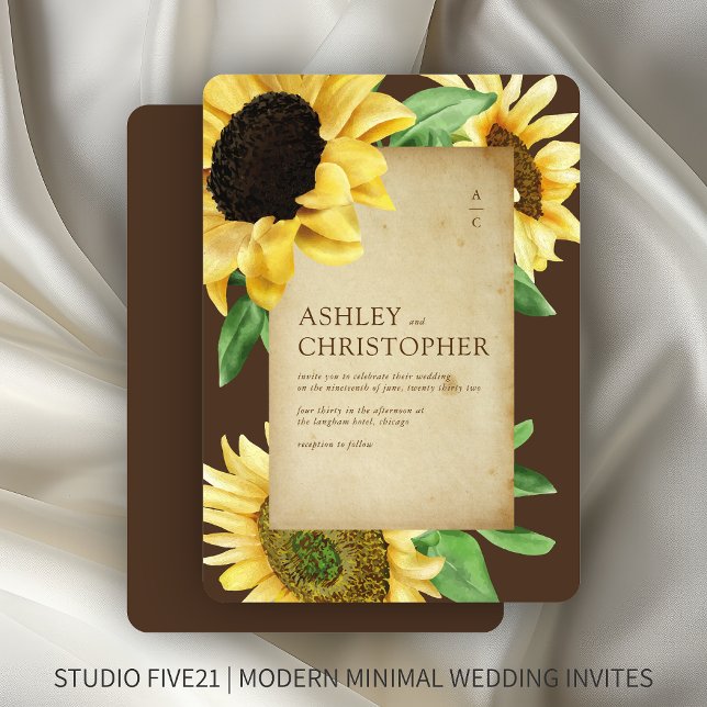 Elegant Rustic Sunflower Brown Wedding Invitation (Creator Uploaded)