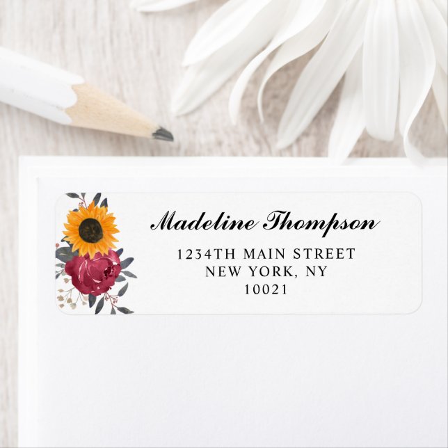 Elegant Rustic Sunflower Burgundy Script Label (Insitu)