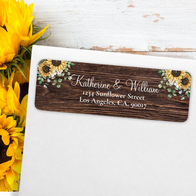 Elegant Rustic Sunflower Eucalyptus Wooden Return  Label (In situ on envelope)