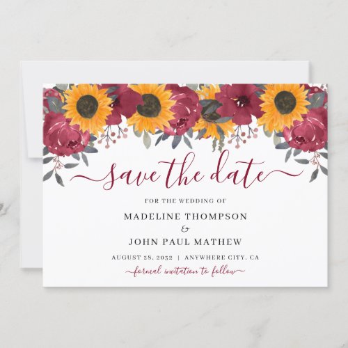 Elegant Rustic Sunflower Floral Burgundy Autumn Save The Date