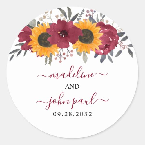 Elegant Rustic Sunflower Floral Burgundy Wedding Classic Round Sticker