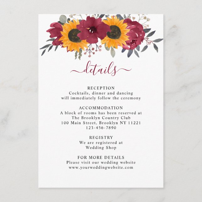 Elegant Rustic Sunflower Floral Burgundy Wedding Enclosure Card (Front)