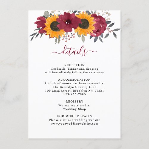 Elegant Rustic Sunflower Floral Burgundy Wedding Enclosure Card