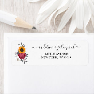 Elegant Rustic Sunflower Floral Burgundy Wedding Label