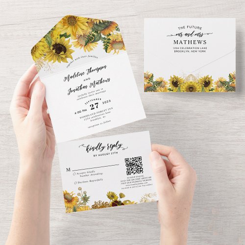 Elegant Rustic Sunflower Gold QR Code Wedding All In One Invitation