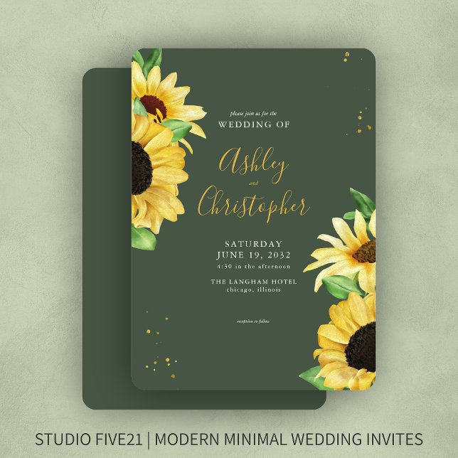 Elegant Rustic Sunflower Green Wedding Invitation (Creator Uploaded)