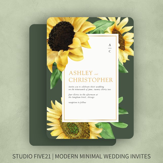 Elegant Rustic Sunflower Green Wedding Invitation (Creator Uploaded)