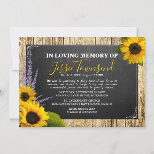 Elegant Rustic Sunflower In Loving Memory Funeral Invitation