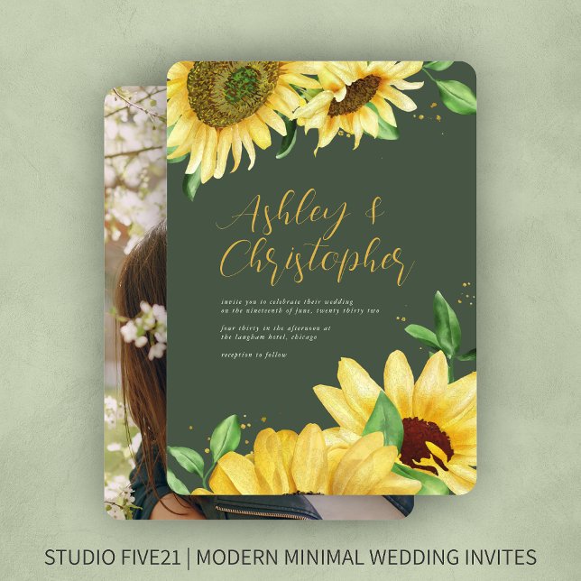 Elegant Rustic Sunflower Moss Green Photo Wedding Invitation (Creator Uploaded)