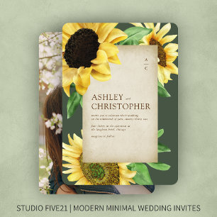 Elegant Rustic Sunflower Moss Green Photo Wedding Invitation