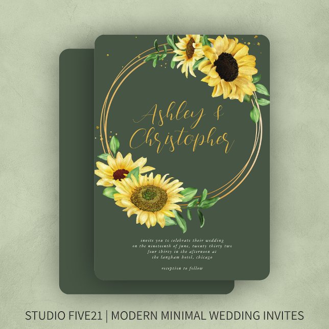 Elegant Rustic Sunflower Moss Green Wedding Invitation (Creator Uploaded)