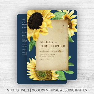 Elegant Rustic Sunflower Navy All-in-One Wedding Invitation