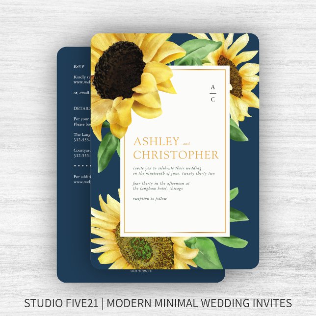 Elegant Rustic Sunflower Navy All-in-One Wedding Invitation (Creator Uploaded)