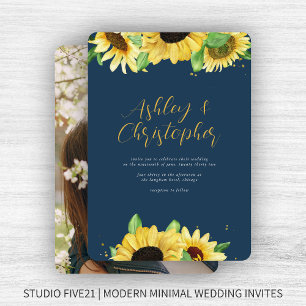 Elegant Rustic Sunflower Navy Blue Photo Wedding Invitation