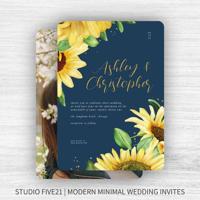 Elegant Rustic Sunflower Navy Blue Photo Wedding Invitation (Creator Uploaded)