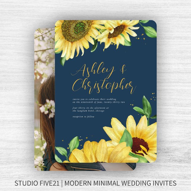 Elegant Rustic Sunflower Navy Blue Photo Wedding Invitation (Creator Uploaded)