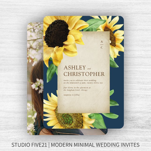 Elegant Rustic Sunflower Navy Blue Photo Wedding Invitation (Creator Uploaded)