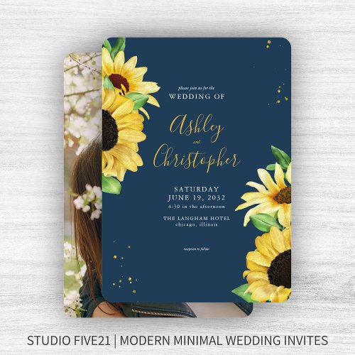 Elegant Rustic Sunflower Navy Blue Photo Wedding Invitation