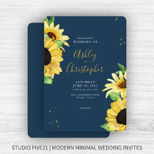 Elegant Rustic Sunflower Navy Wedding Invitation