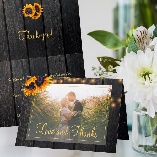 Elegant rustic sunflower photo wedding thank you