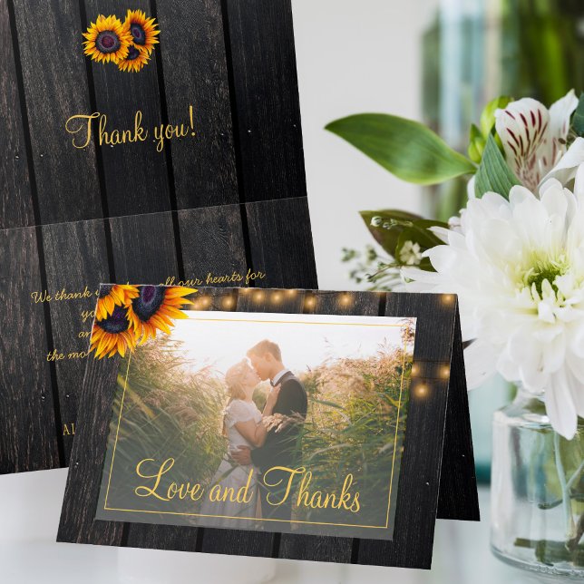 Elegant rustic sunflower photo wedding thank you (Creator Uploaded)