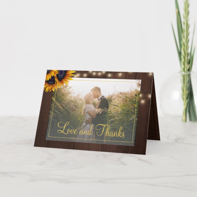 Elegant rustic sunflower photo wedding thank you card (Front)