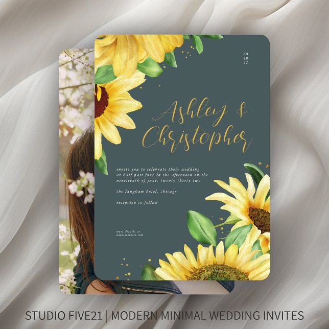 Elegant Rustic Sunflower Slate Gray Photo Wedding Invitation (Creator Uploaded)