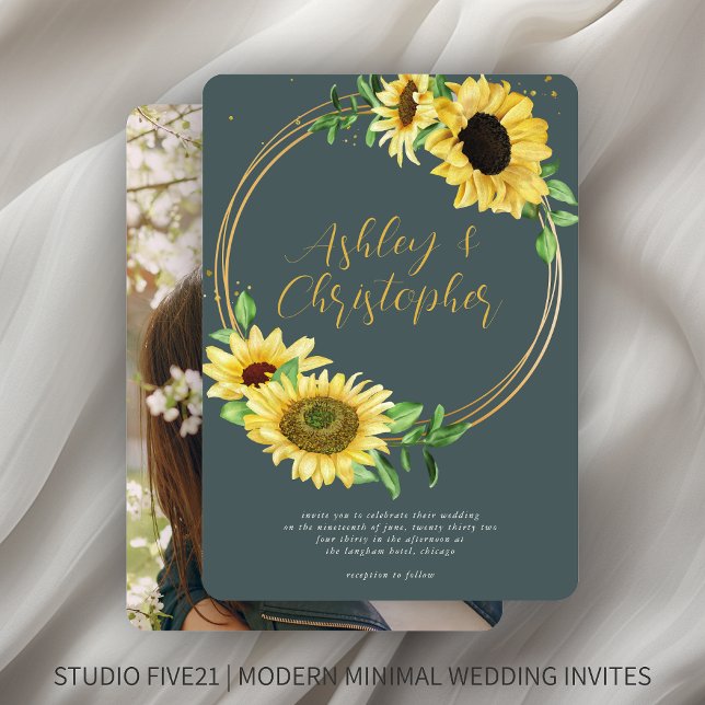 Elegant Rustic Sunflower Slate Gray Photo Wedding Invitation (Creator Uploaded)